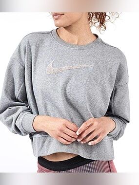 Nike Gray Cropped Crew Sweatshirt with Embroidered Swoosh